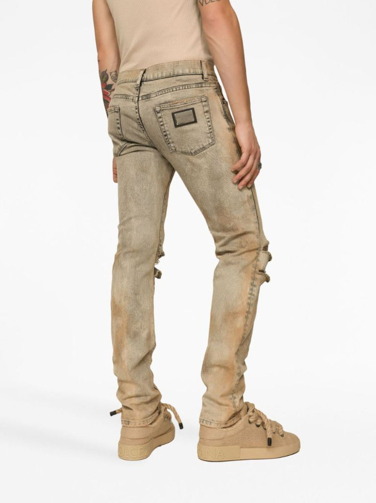 Neutral Ripped Cotton Slim Jeans