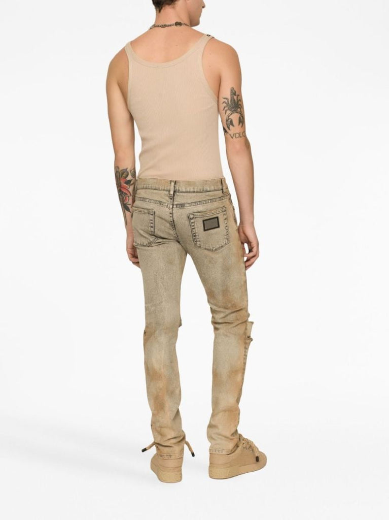 Neutral Ripped Cotton Slim Jeans