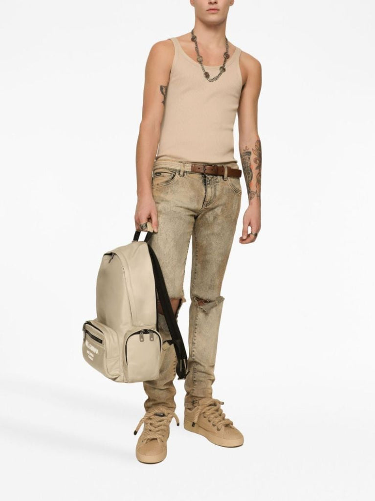Neutral Ripped Cotton Slim Jeans