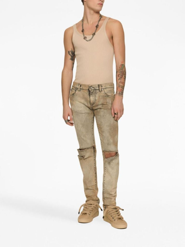 Neutral Ripped Cotton Slim Jeans