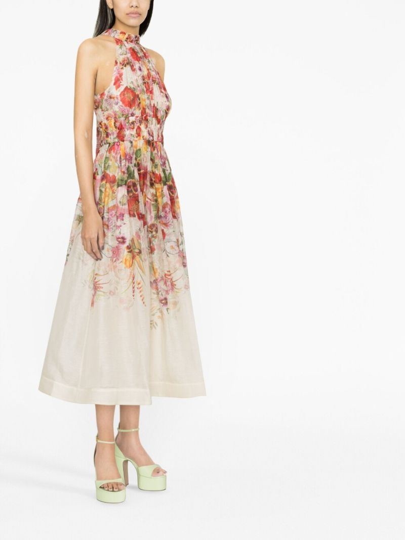 White Floral Print Halterneck Dress