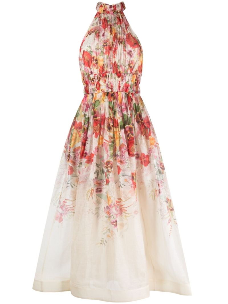 White Floral Print Halterneck Dress