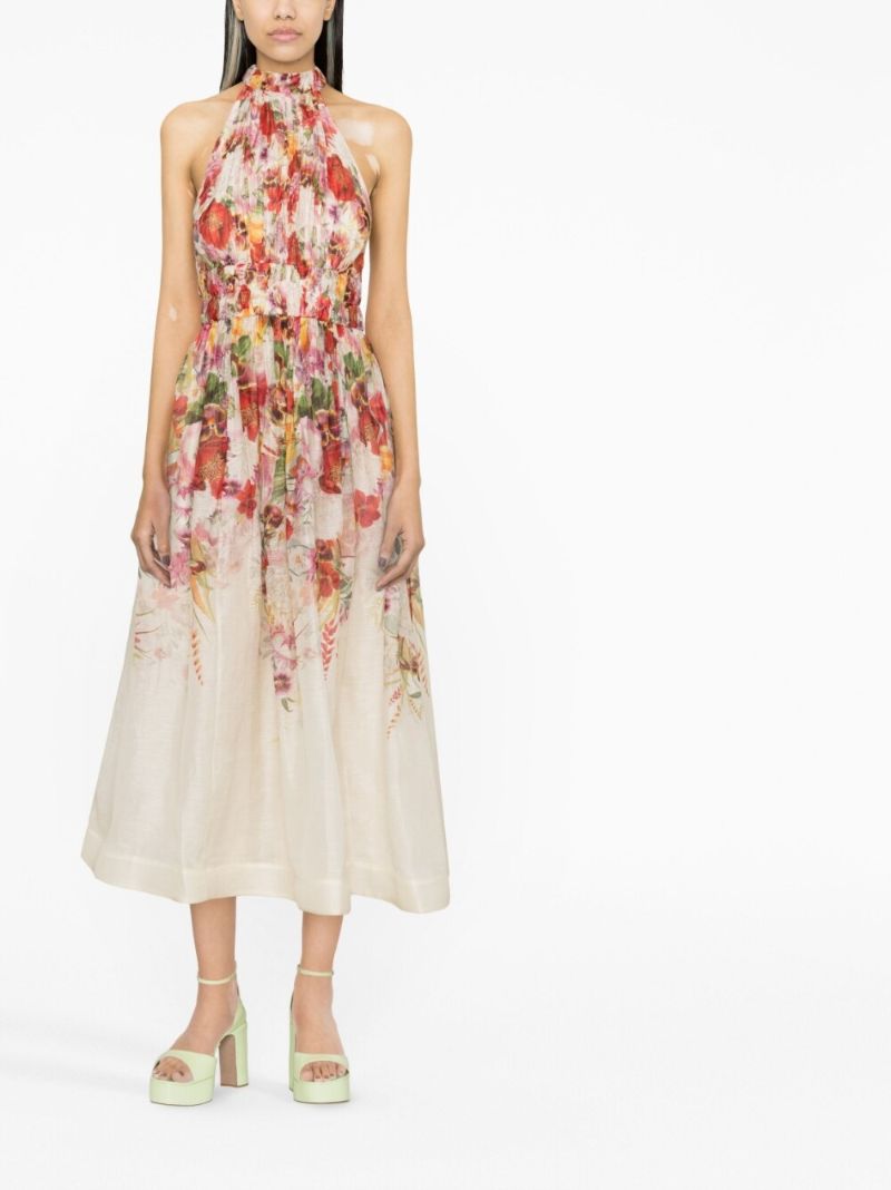White Floral Print Halterneck Dress