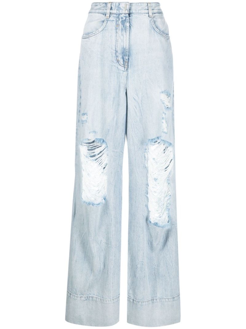 Blue Distressed Wide Leg Jeans