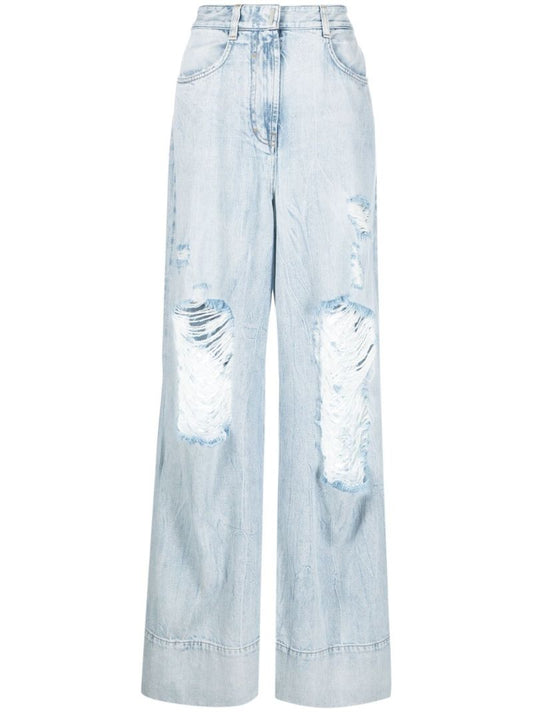 Blue Distressed Wide Leg Jeans