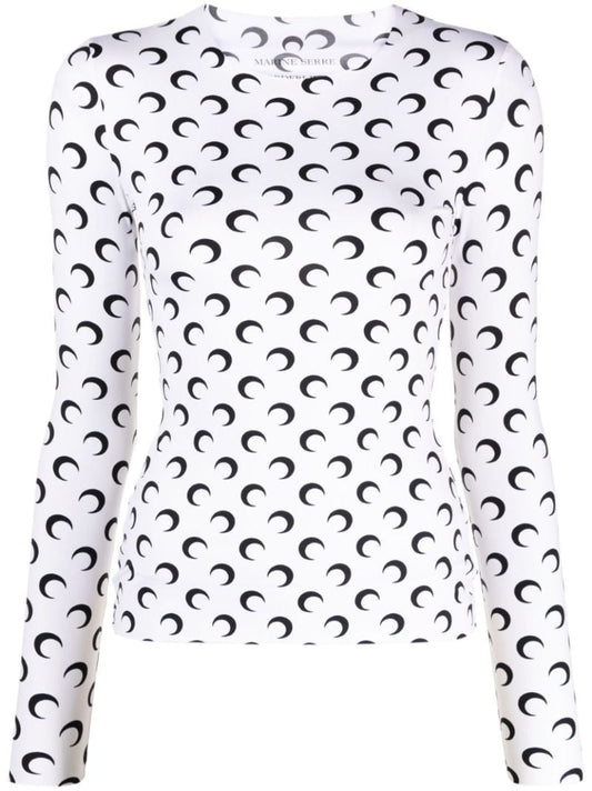 White Moon Print Long-sleeve Top