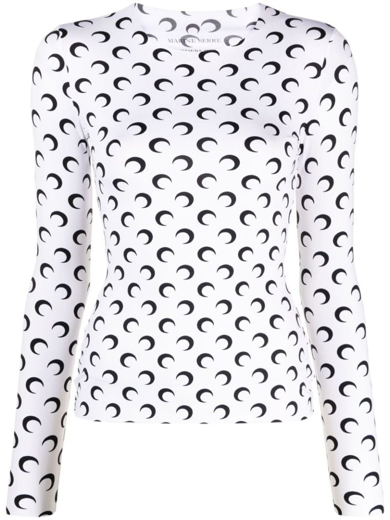 White Moon Print Long-sleeve Top