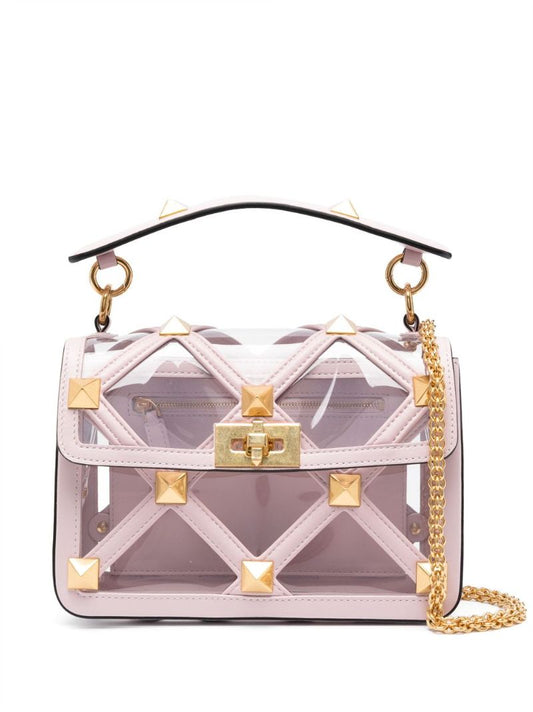 Pink Roman Stud Medium Leather Shoulder Bag
