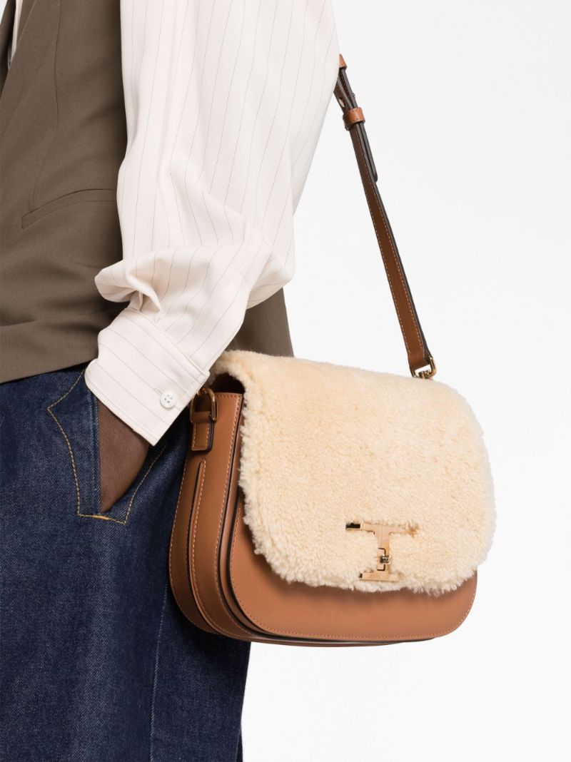 Brown T Timeless Shearling Cross Body Bag