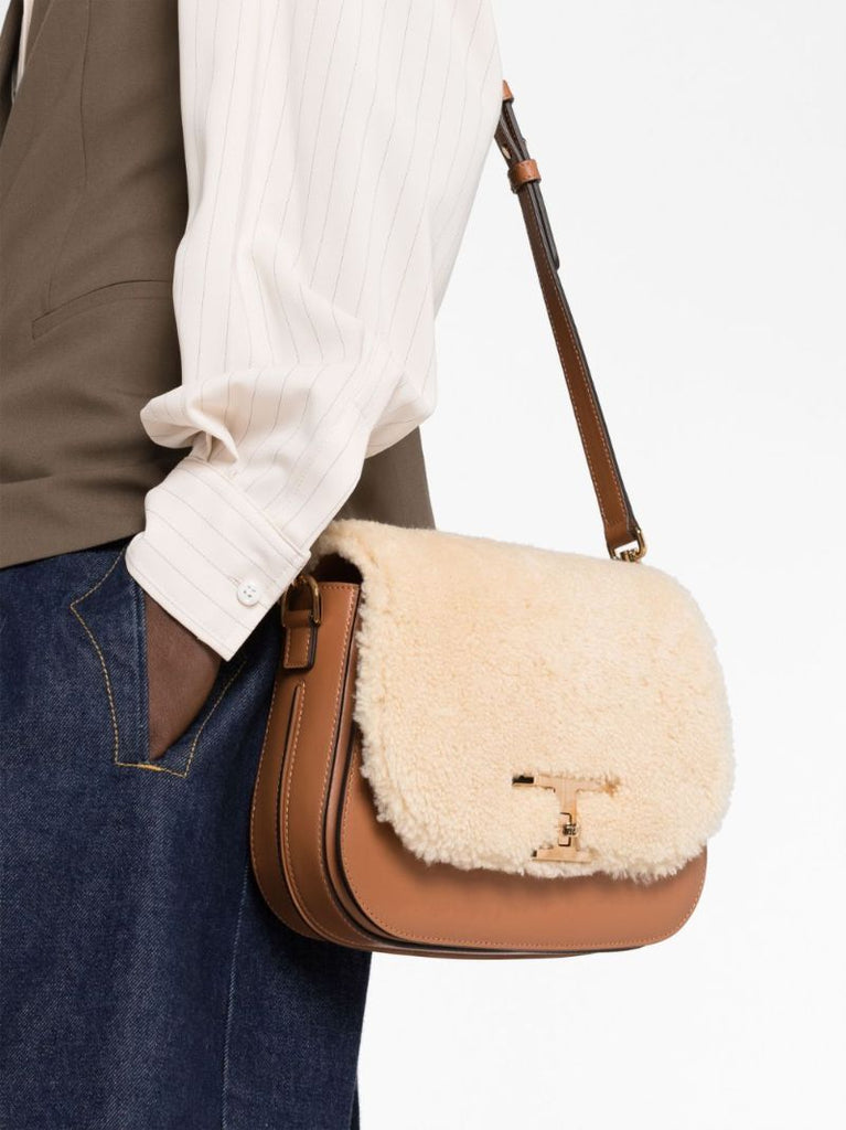 Brown T Timeless Shearling Cross Body Bag