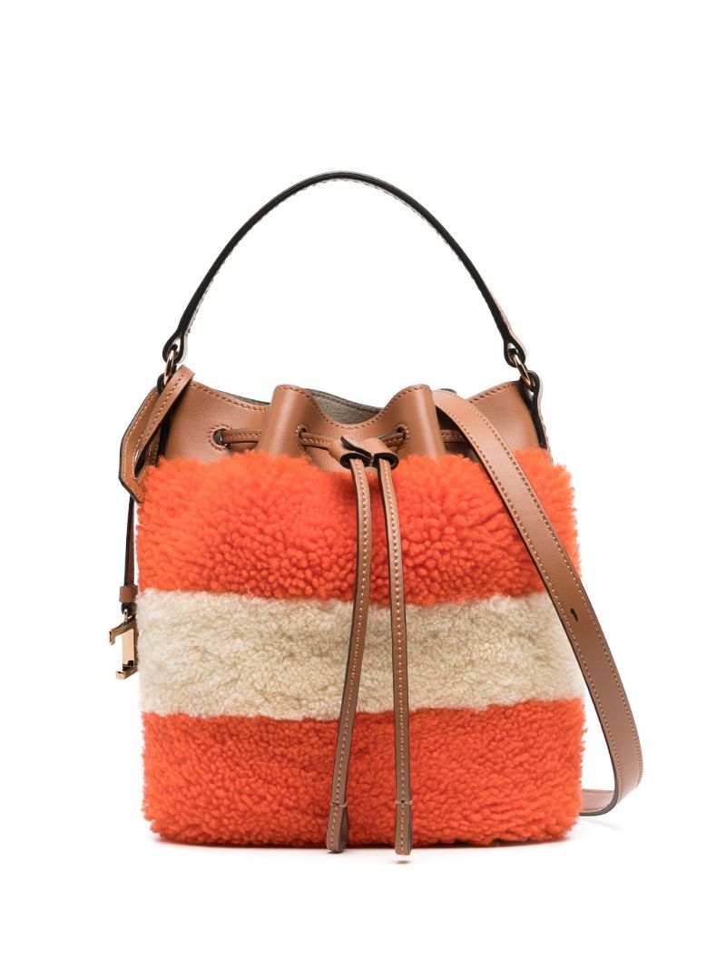 Brown Colour Block Shearling Bucket Bag