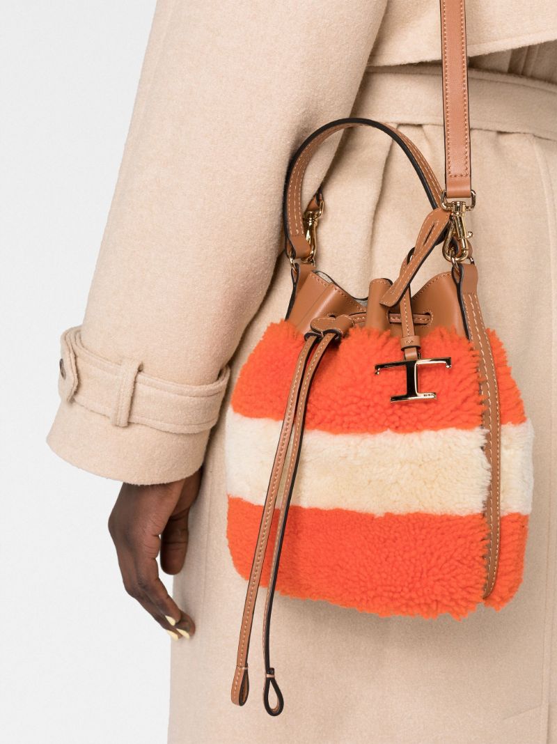 Brown Colour Block Shearling Bucket Bag