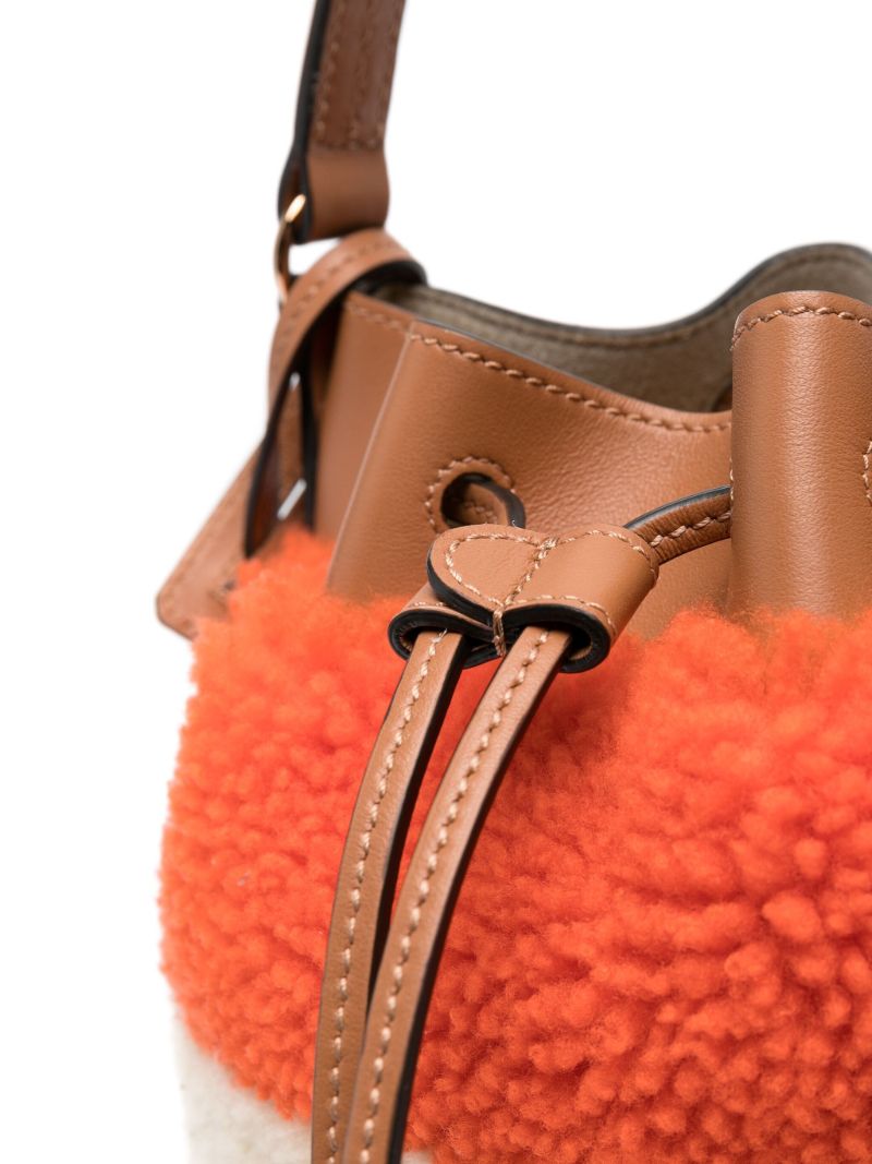 Brown Colour Block Shearling Bucket Bag