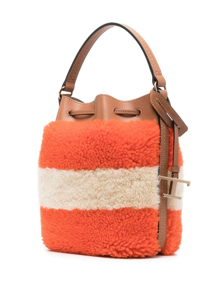 Brown Colour Block Shearling Bucket Bag
