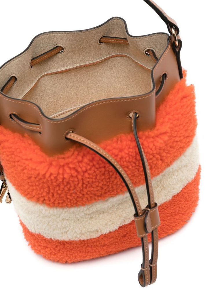 Brown Colour Block Shearling Bucket Bag