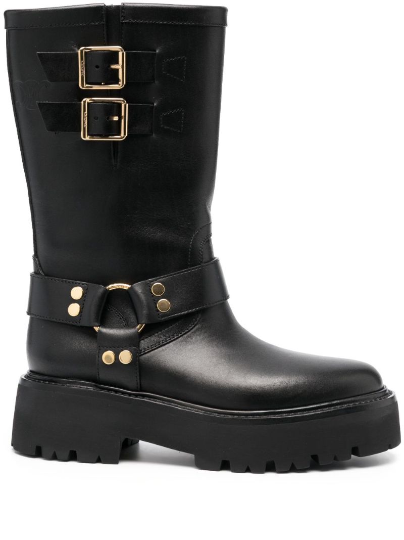 Black Bulky Leather Biker Boots