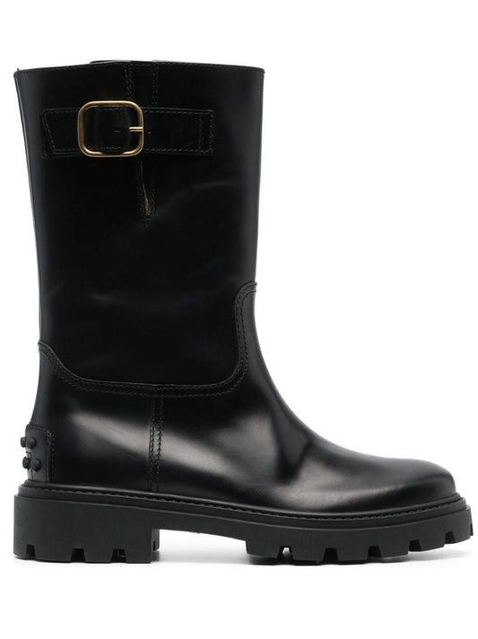 Black Buckle Knee-high Leather Boots