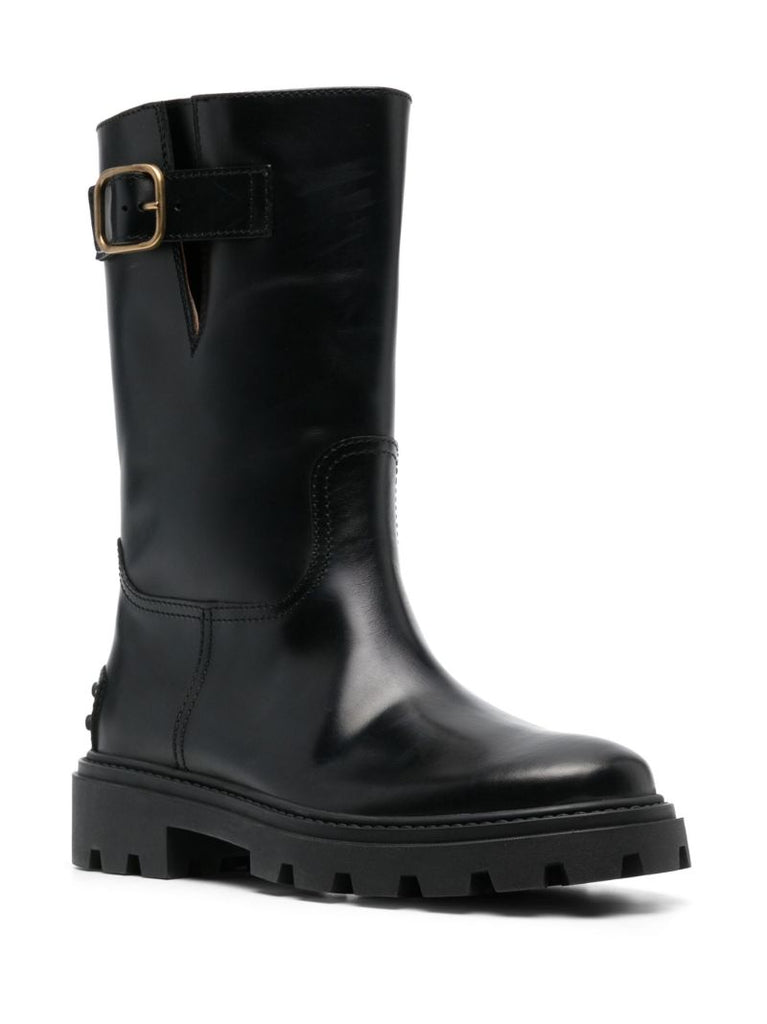 Black Buckle Knee-high Leather Boots