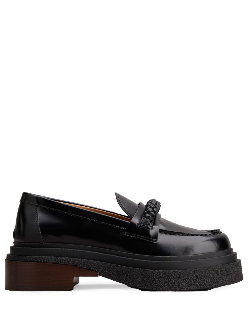 Black Braided Strap Leather Loafers