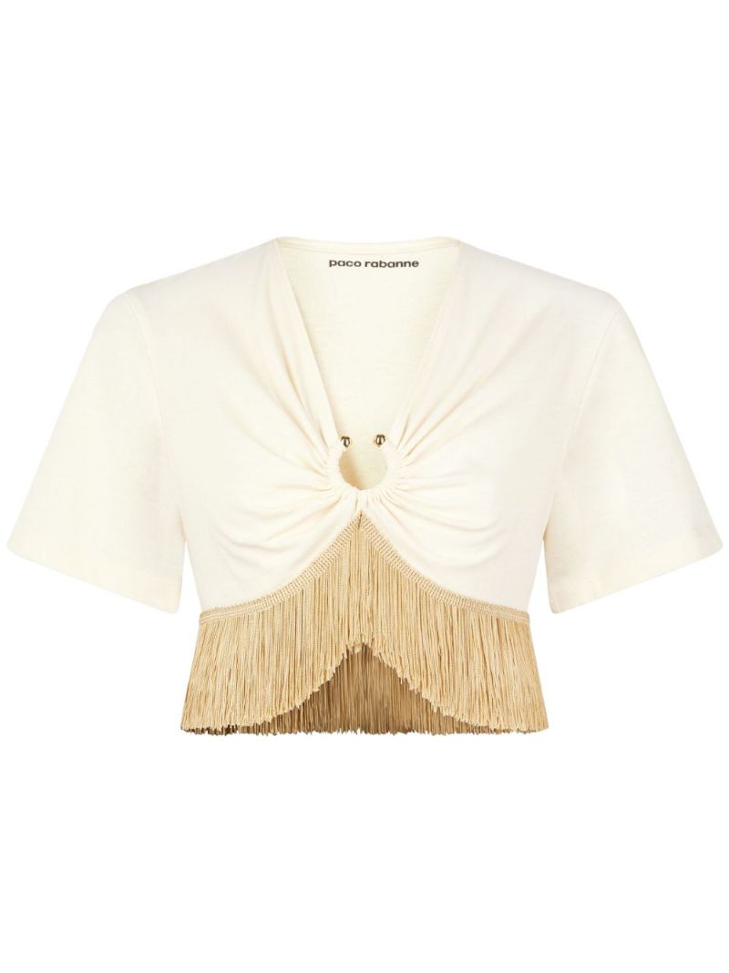 Neutral Fringe Trimmed Cropped Top