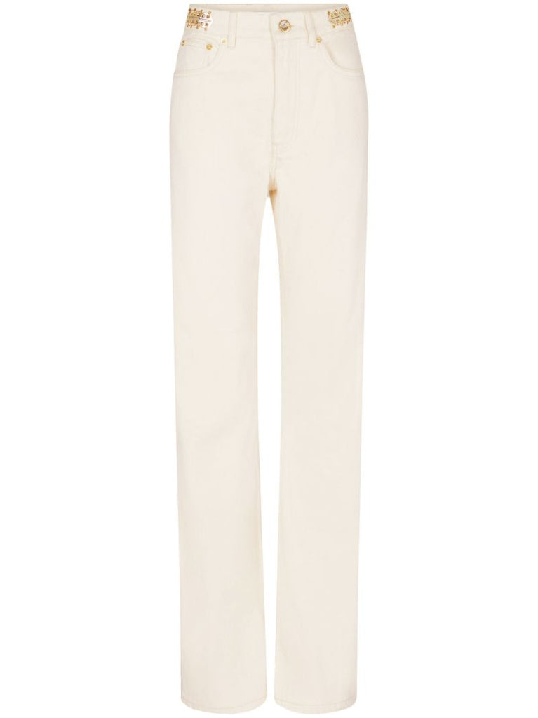 White Disc Embellished Straight Leg Jeans