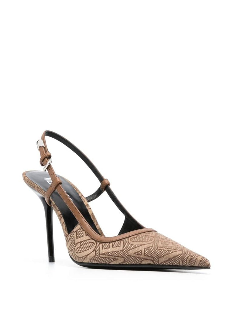 Brown Allover Logo Slingback Pumps