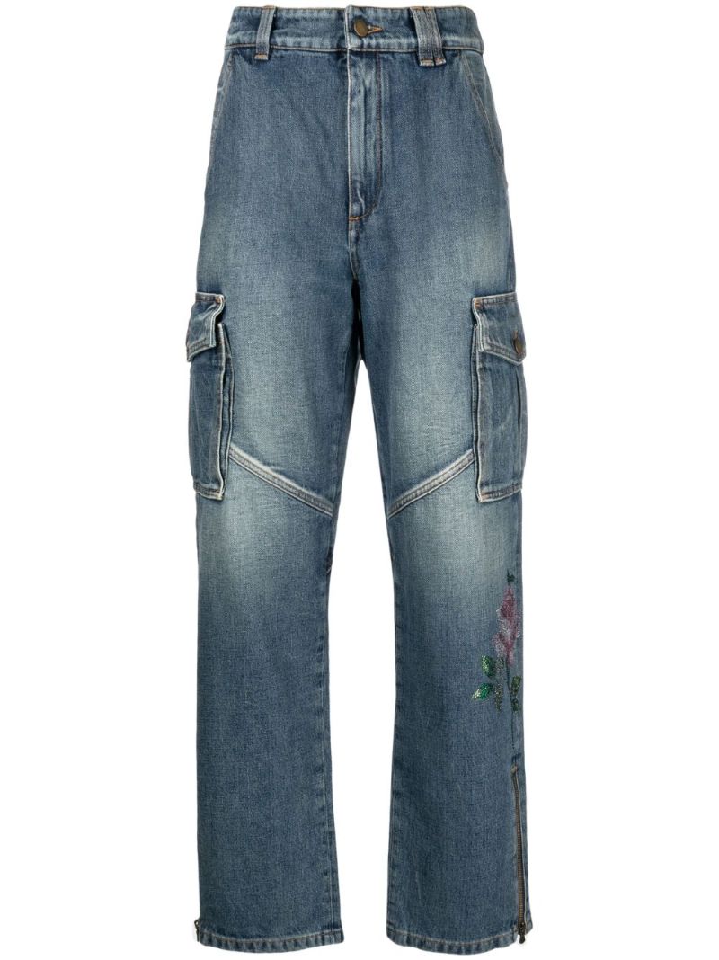 Blue Rhinestone Embellished Straight-leg Jeans