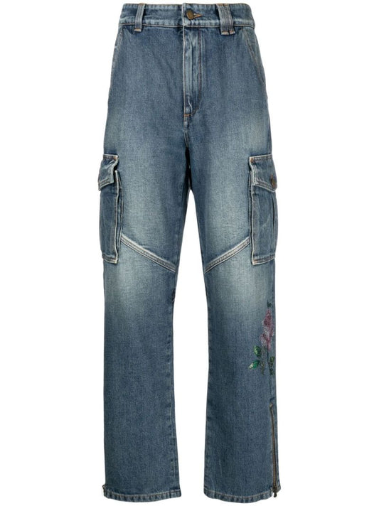 Blue Rhinestone Embellished Straight-leg Jeans