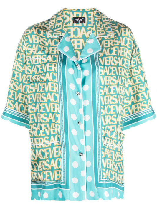 X Dua Lipa Blue Allover Polka Dot Silk Shirt