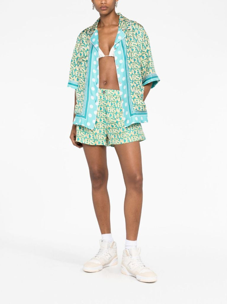 Blue Allover Print Silk Shorts