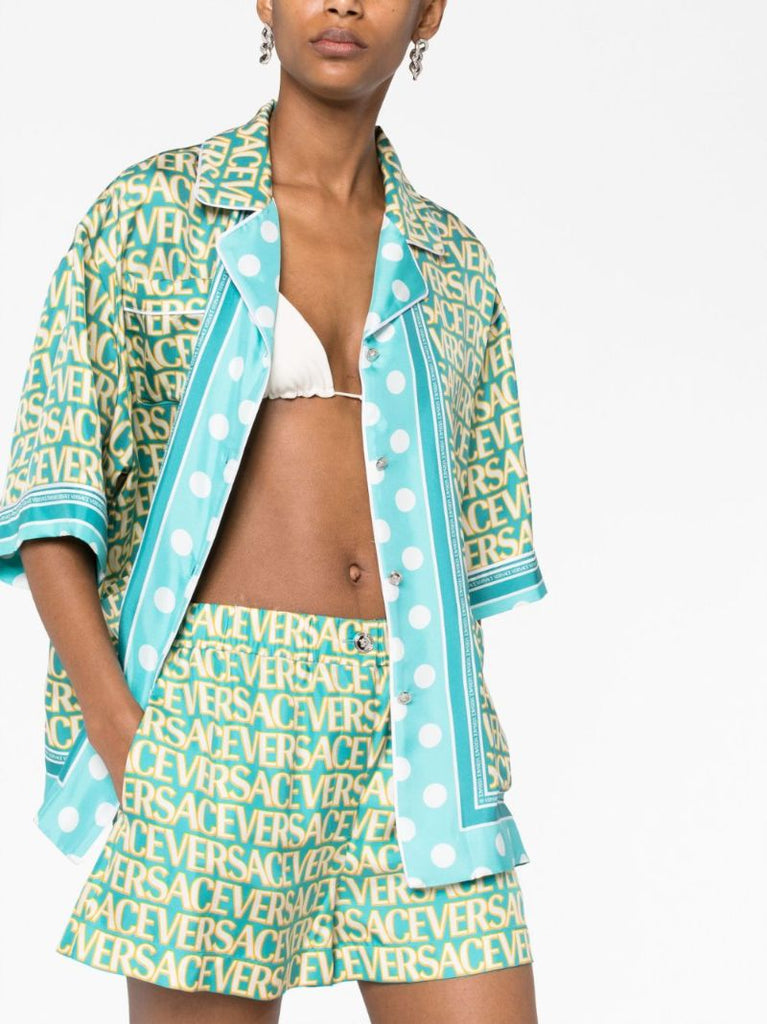 Blue Allover Print Silk Shorts