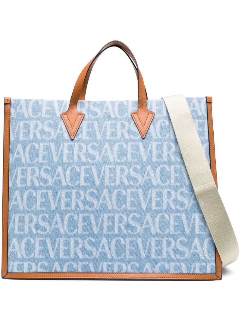 Blue Allover Logo Print Denim Tote Bag
