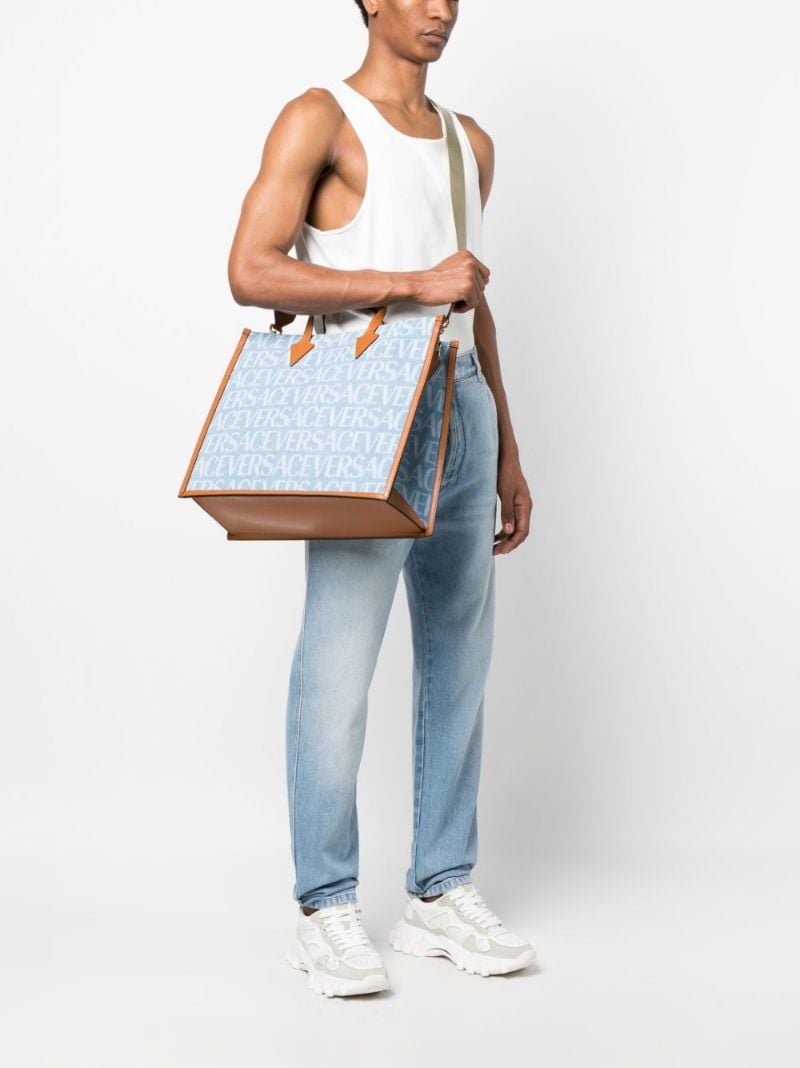 Blue Allover Logo Print Denim Tote Bag