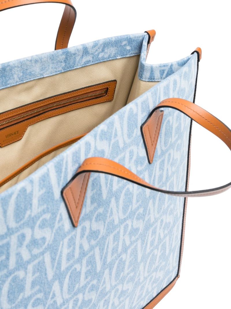 Blue Allover Logo Print Denim Tote Bag