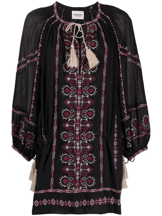 Black Paisley Embroidered Cotton Mini Dress