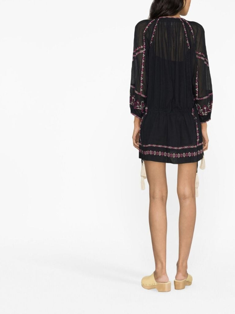 Black Paisley Embroidered Cotton Mini Dress