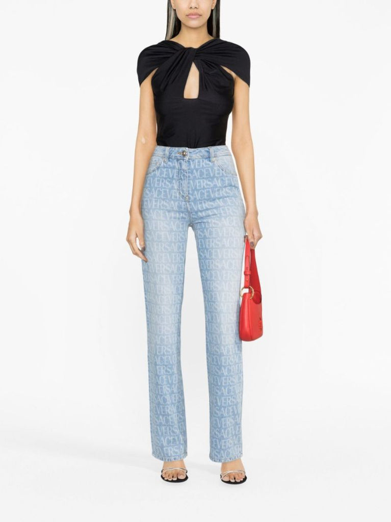 Blue Allover High-rise Wide-leg Jeans