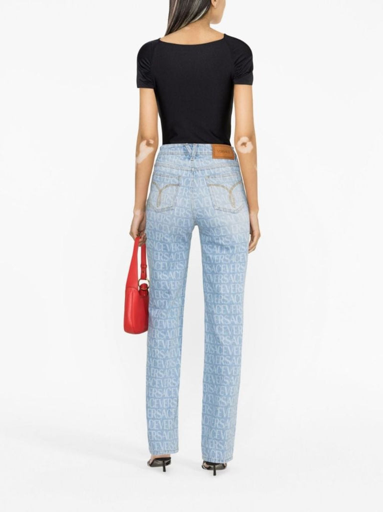 Blue Allover High-rise Wide-leg Jeans