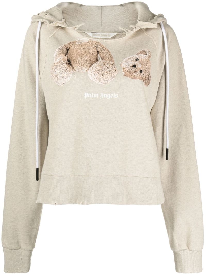 Neutral Bear Print Distressed Hoodie