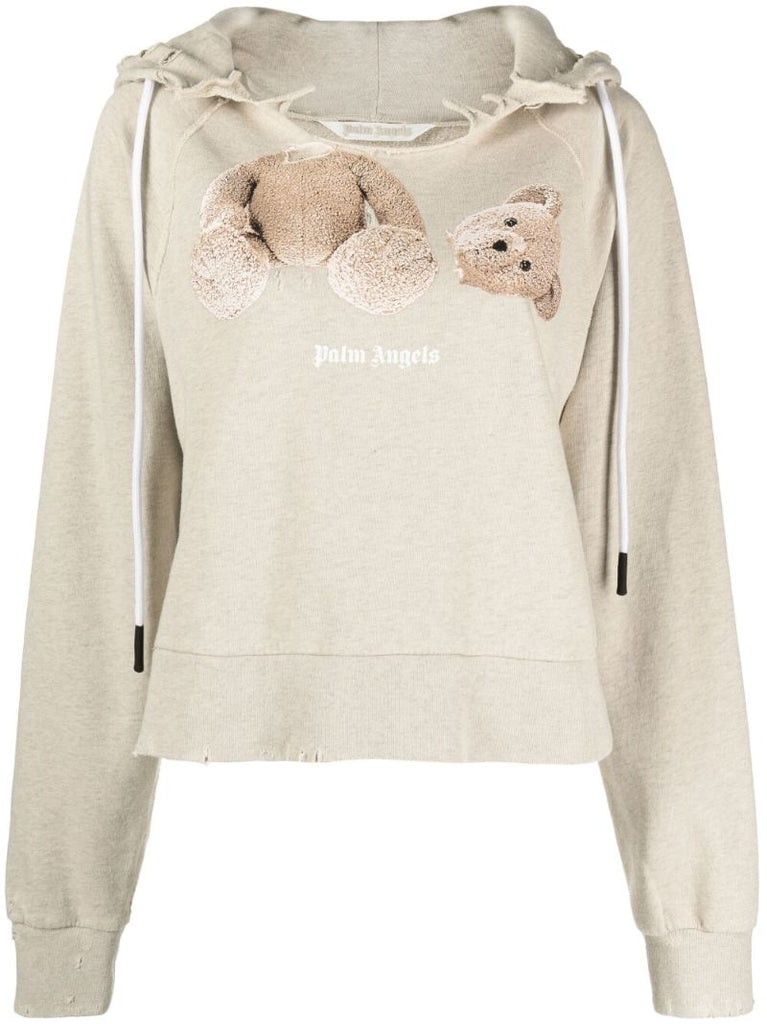 Neutral Bear Print Distressed Hoodie