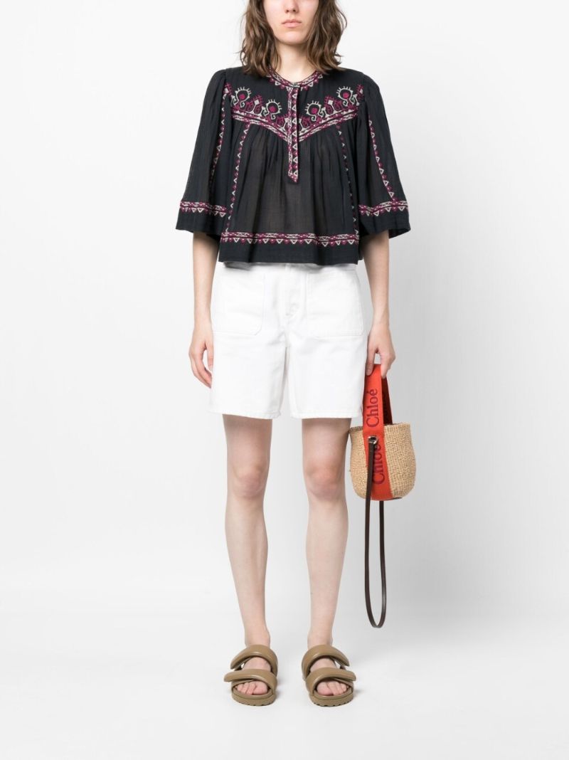 Black Paisley Embroidered Cotton Blouse