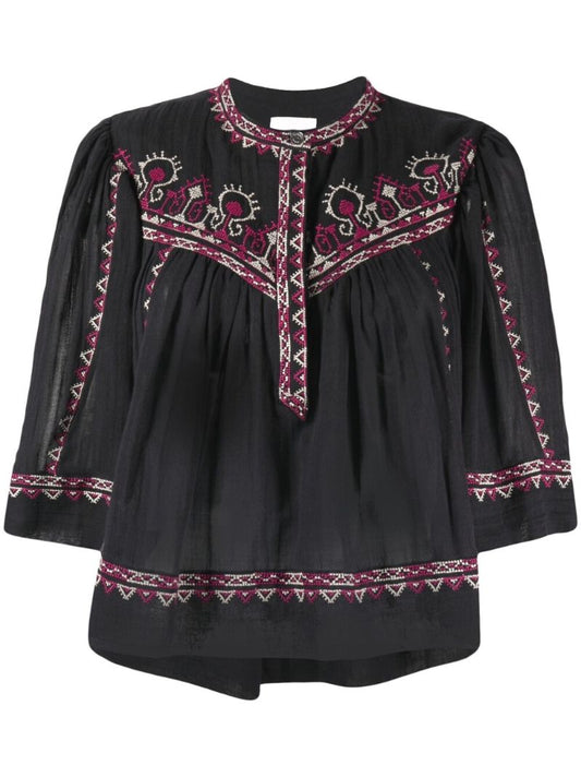 Black Paisley Embroidered Cotton Blouse