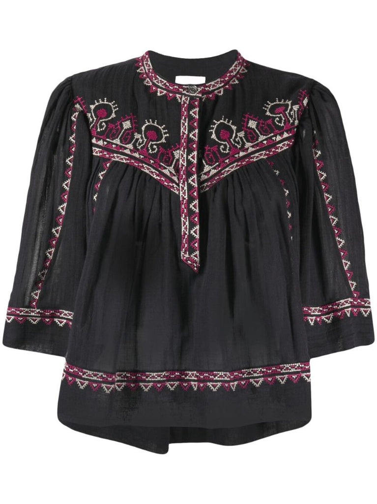 Black Paisley Embroidered Cotton Blouse