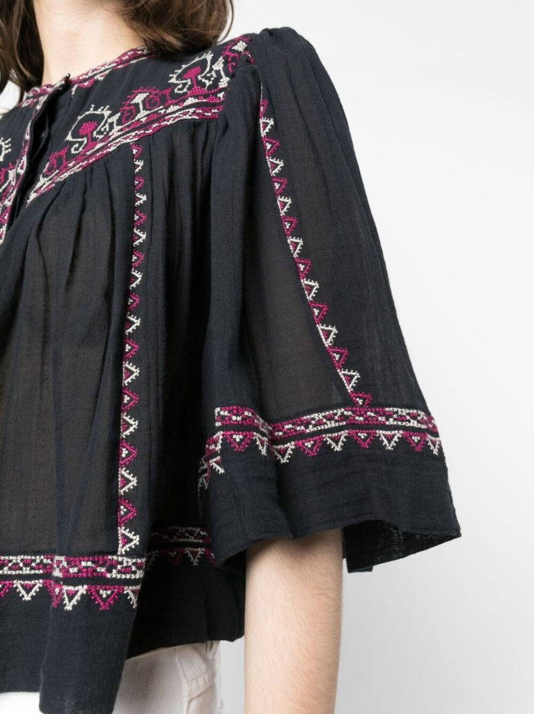 Black Paisley Embroidered Cotton Blouse