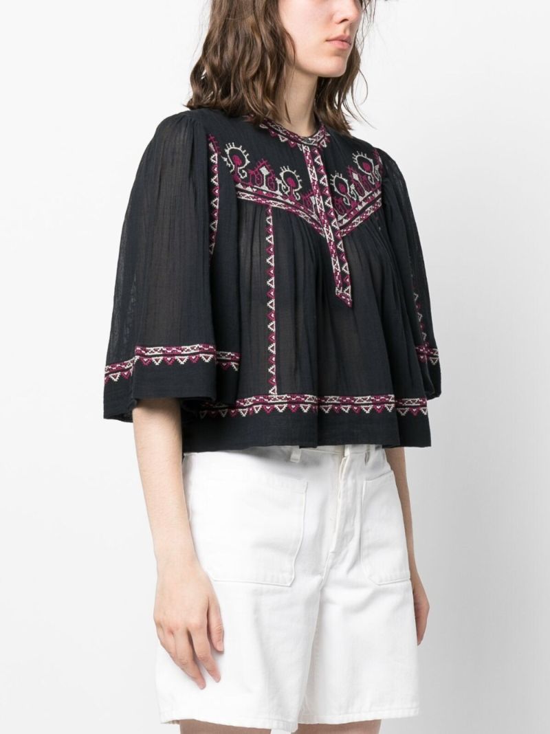 Black Paisley Embroidered Cotton Blouse