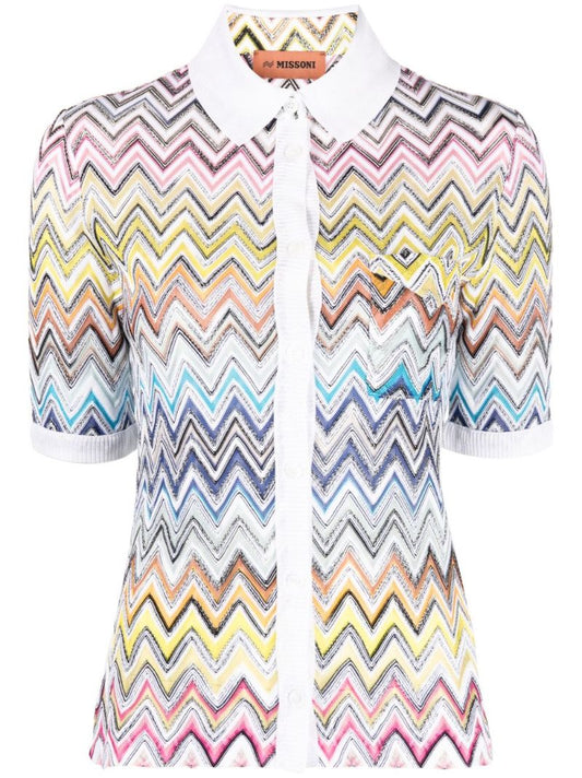 White Zigzag Knitted Short Sleeve Shirt