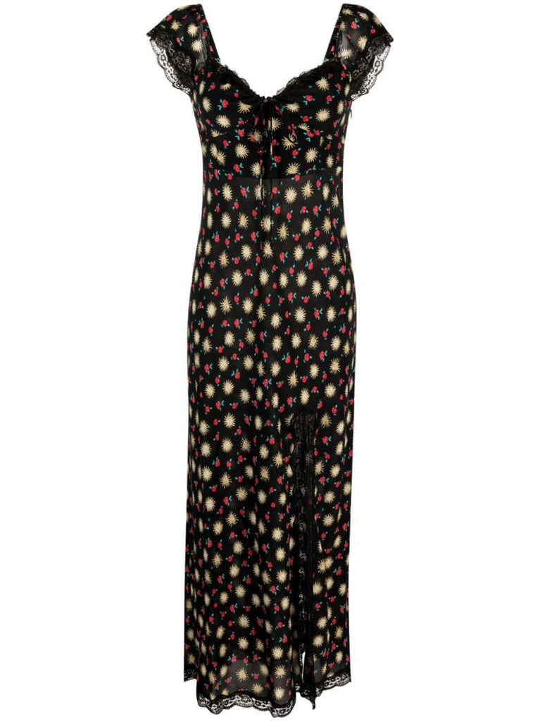 Black Amara Floral Print Silk Midi Dress