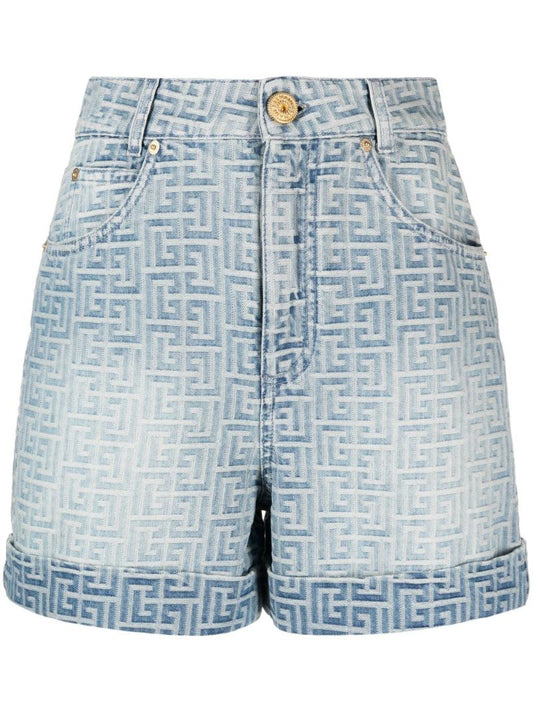 Blue Monogram Print Denim Shorts