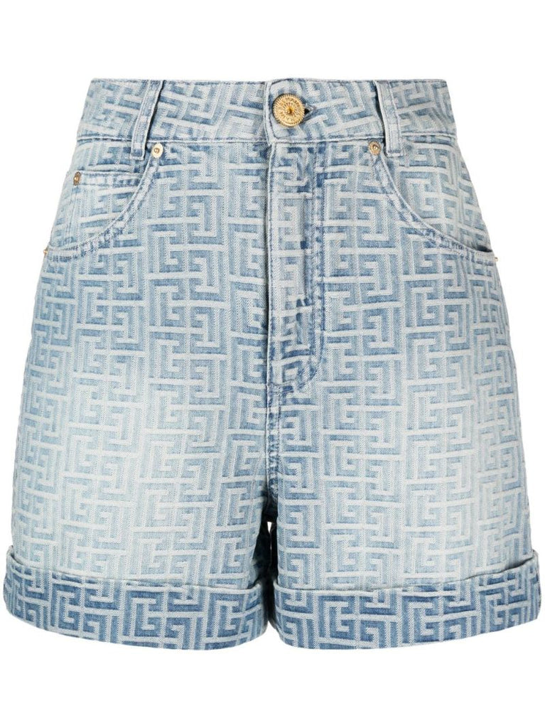 Blue Monogram Print Denim Shorts