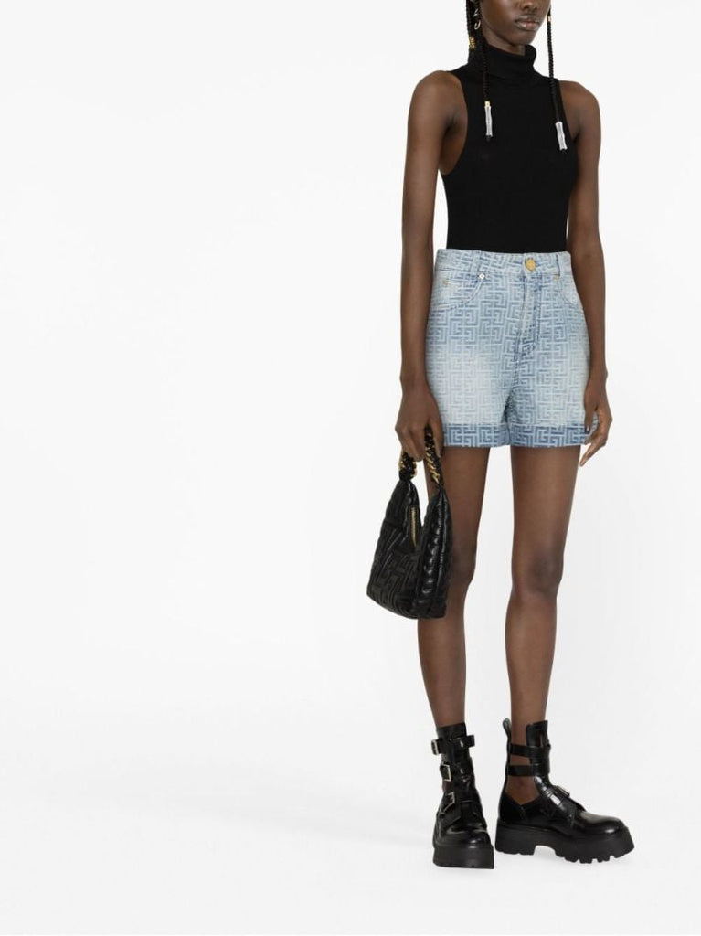 Blue Monogram Print Denim Shorts